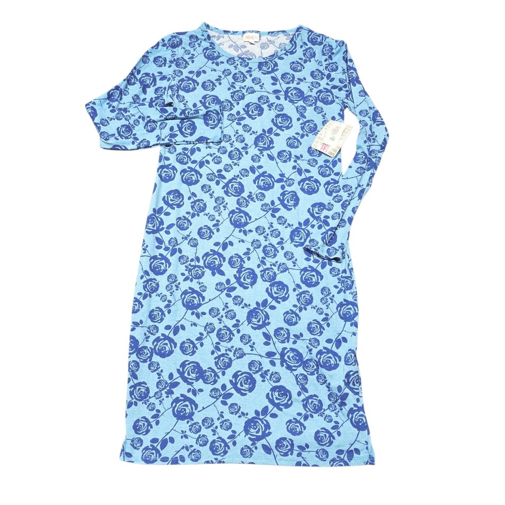 LuLaRoe Debbie Dress Womens Medium Blue Rose Floral Long Sleeve Sheath NWT